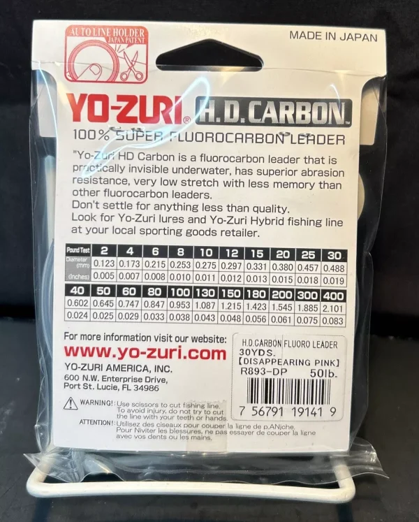 Yo-Zuri H.D. Carbon 100% Fluorocarbon Leader Fishing Line – 50lb Clear, 30 Yards