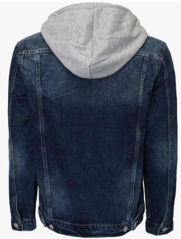Blue Distressed Denim Jacket with Gray Hoodie