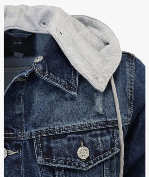 Blue Distressed Denim Jacket with Gray Hoodie