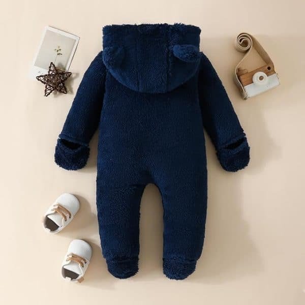 Navy Blue Teddy Bear Fleece Baby Jumpsuit