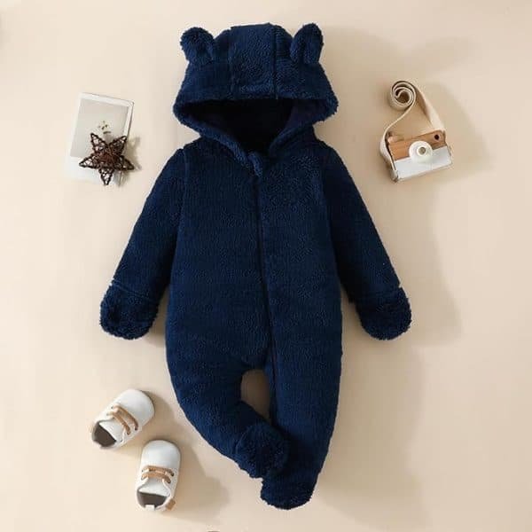 Navy Blue Teddy Bear Fleece Baby Jumpsuit