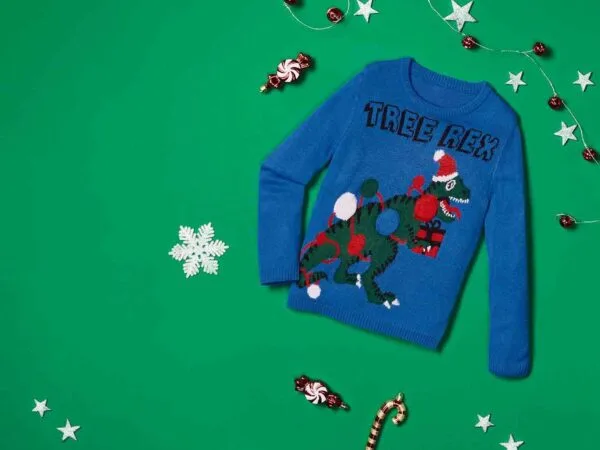 Kids Christmas Sweater with LED Lights – Tree Rex (Ages 6-8)