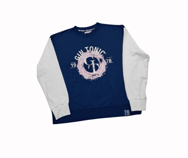 Elevate your casual style with this men's navy blue and white colorblock sweatshirt. Featuring a bold "Gin Tonic" graphic print and a modern design, it blends comfort and fashion seamlessly.