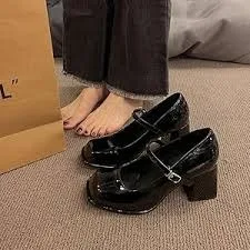 RAID Black Patent Mary Jane Heels – Square Toe Strap Pumps