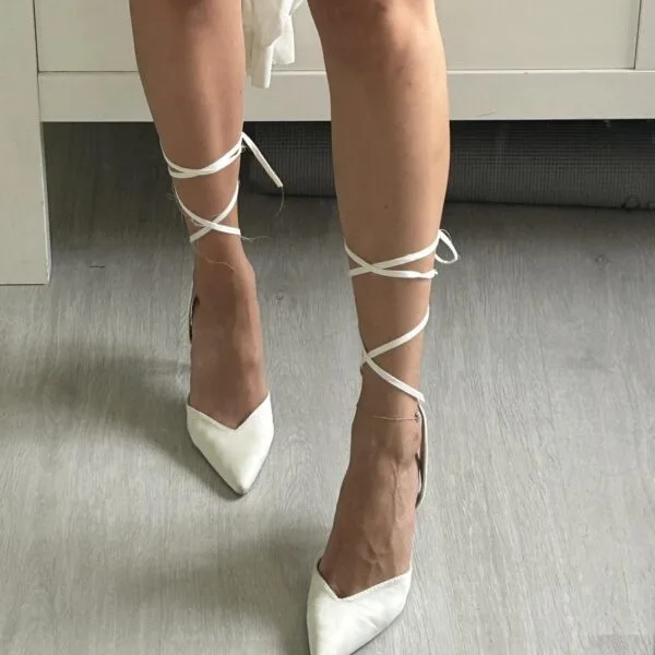 Elegant White Satin Lace-Up Pointed-Toe Heels
