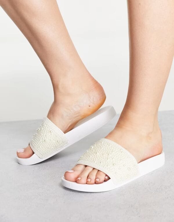 ASOS DESIGN Pearl Embellished Flat Slide Sandals