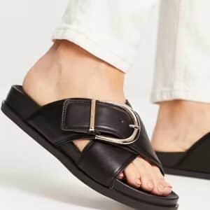 ASOS DESIGN Black Faux Leather Buckle Strap Slides