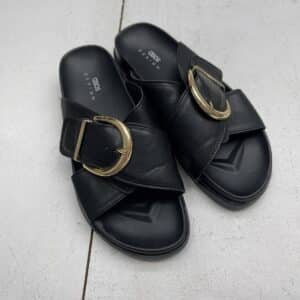 ASOS DESIGN Black Faux Leather Buckle Strap Slides