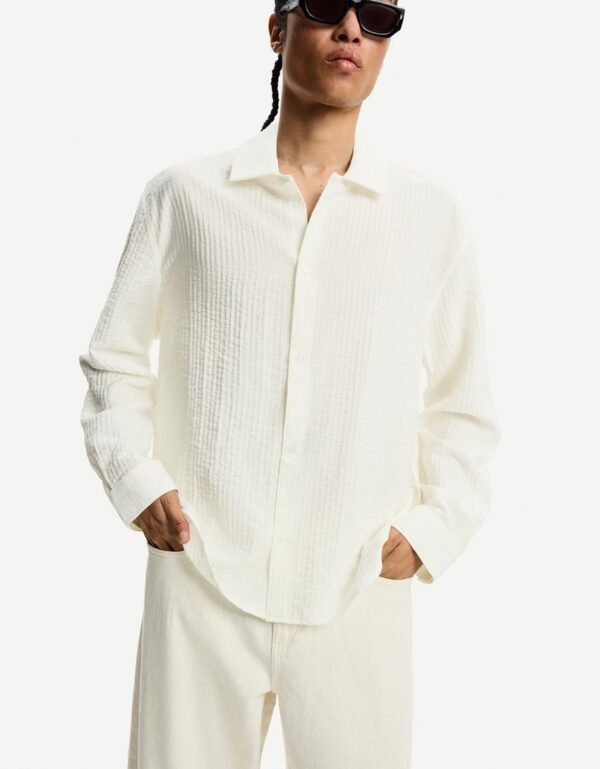 Men’s Off-White Textured Long Sleeve Shirt – Relaxed Oversized Fit | Size L