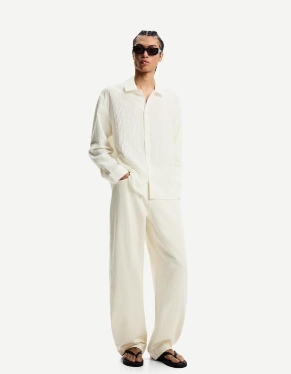 Men’s Off-White Textured Long Sleeve Shirt – Relaxed Oversized Fit | Size L
