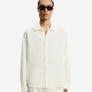 Men’s Off-White Textured Long Sleeve Shirt – Relaxed Oversized Fit | Size L