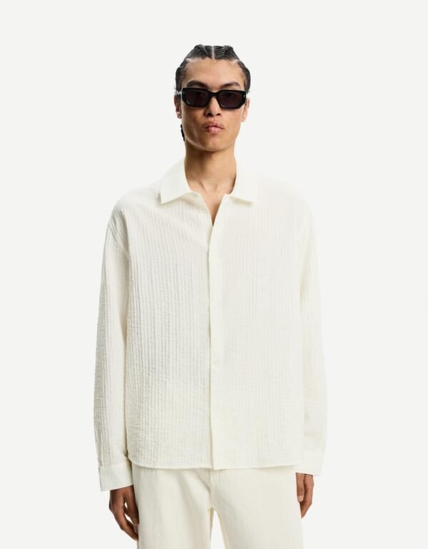 Men’s Off-White Textured Long Sleeve Shirt – Relaxed Oversized Fit | Size L