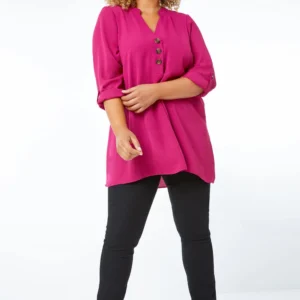 SHEIN Plus Size Hot Pink Button-Front Tunic Top – Size XL