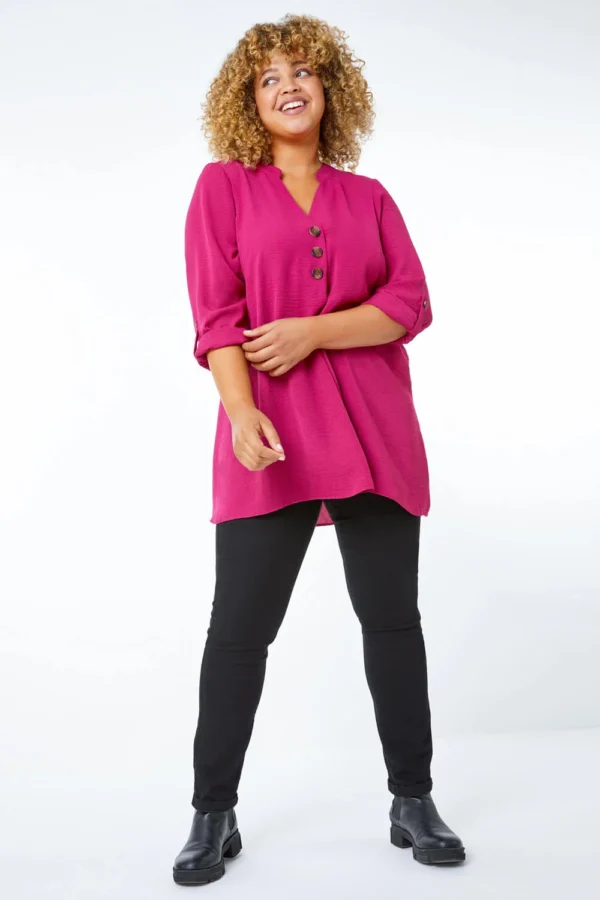 SHEIN Plus Size Hot Pink Button-Front Tunic Top – Size XL