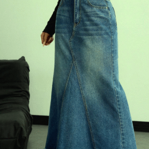 LogiFirst Distressed Raw-Hem Denim Maxi Skirt – Size L, Vintage A-Line Jean Skirt