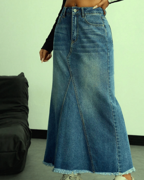 LogiFirst Distressed Raw-Hem Denim Maxi Skirt – Size L, Vintage A-Line Jean Skirt