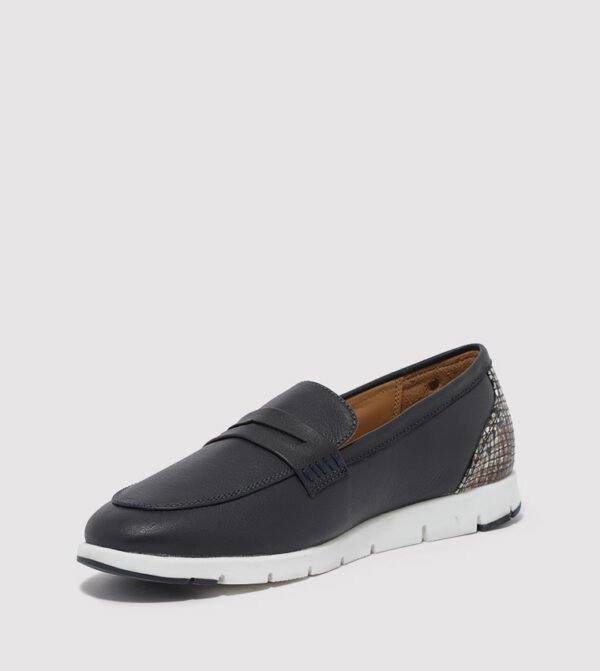 Hush Puppies Women’s Navy Blue Penny Loafers with Snake-Print Heel Accent – Size 41