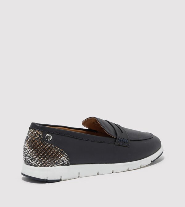 Hush Puppies Women’s Navy Blue Penny Loafers with Snake-Print Heel Accent – Size 41