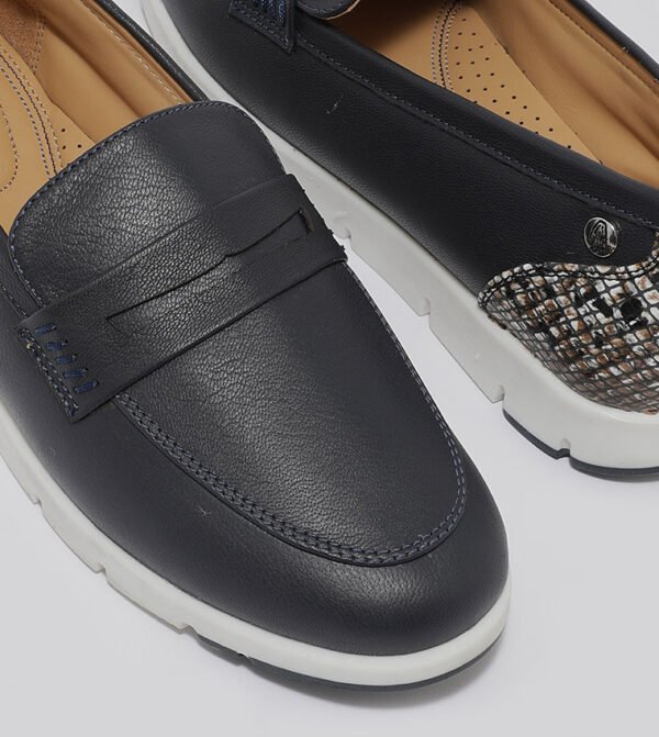 Hush Puppies Women’s Navy Blue Penny Loafers with Snake-Print Heel Accent – Size 41