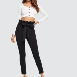 LOGIFIRST High Waist Ruffle Trim Tapered Pants – Black Slim Fit Ankle Trousers, Size L