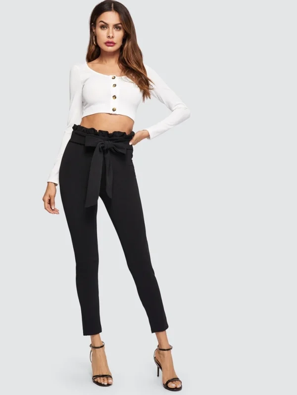LOGIFIRST High Waist Ruffle Trim Tapered Pants – Black Slim Fit Ankle Trousers, Size L