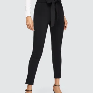 LOGIFIRST High Waist Ruffle Trim Tapered Pants – Black Slim Fit Ankle Trousers, Size L