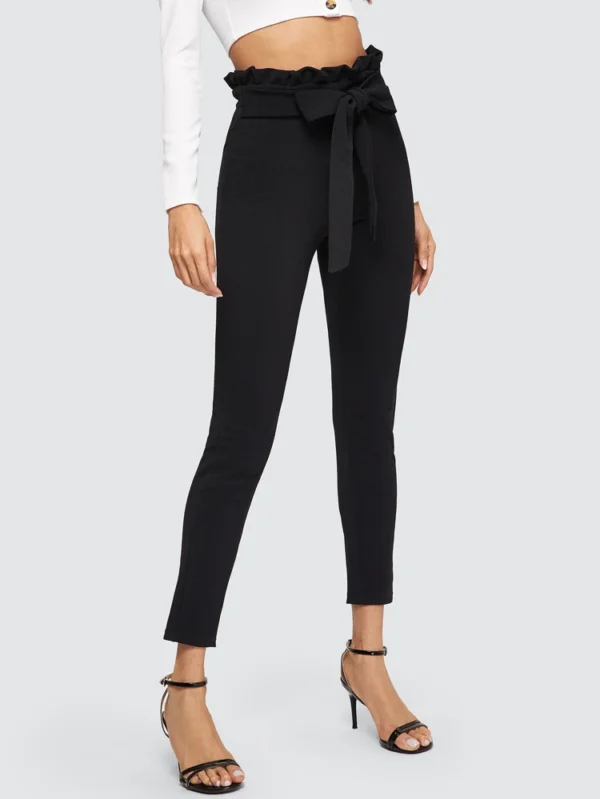 LOGIFIRST High Waist Ruffle Trim Tapered Pants – Black Slim Fit Ankle Trousers, Size L