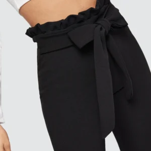 LOGIFIRST High Waist Ruffle Trim Tapered Pants – Black Slim Fit Ankle Trousers, Size L