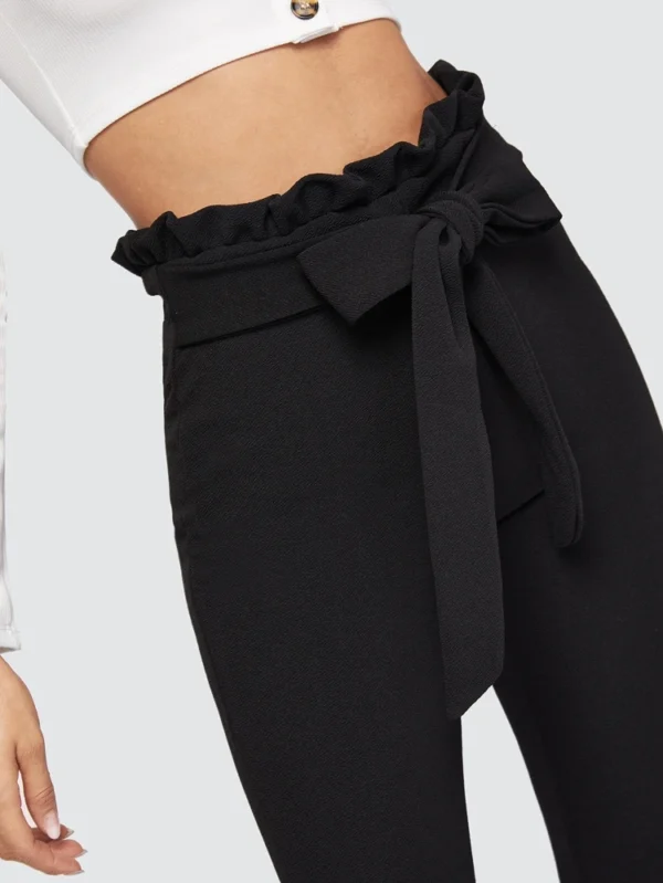 LOGIFIRST High Waist Ruffle Trim Tapered Pants – Black Slim Fit Ankle Trousers, Size L