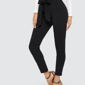 LOGIFIRST High Waist Ruffle Trim Tapered Pants – Black Slim Fit Ankle Trousers, Size L