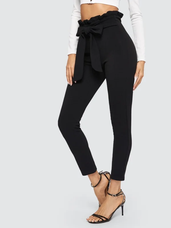 LOGIFIRST High Waist Ruffle Trim Tapered Pants – Black Slim Fit Ankle Trousers, Size L