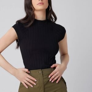 SHEIN Black Ribbed Mock Neck Fitted Top – Size M