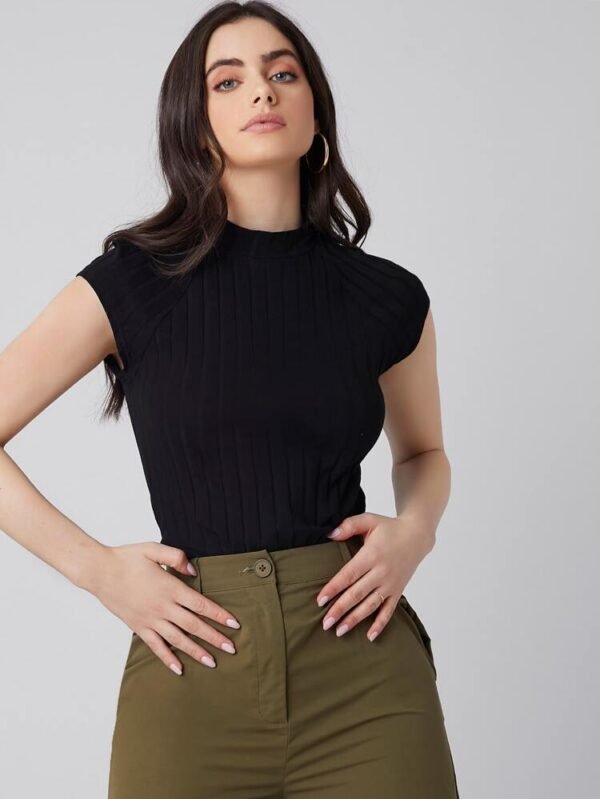 SHEIN Black Ribbed Mock Neck Fitted Top – Size M