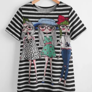 SHEIN Striped Cartoon Graphic Tee – Size M Women's Casual Printed T-Shirt