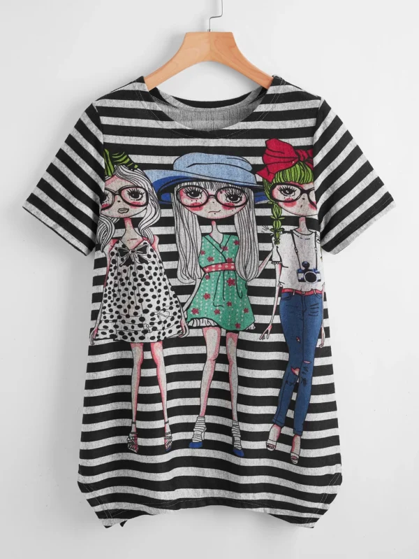 SHEIN Striped Cartoon Graphic Tee – Size M Women's Casual Printed T-Shirt