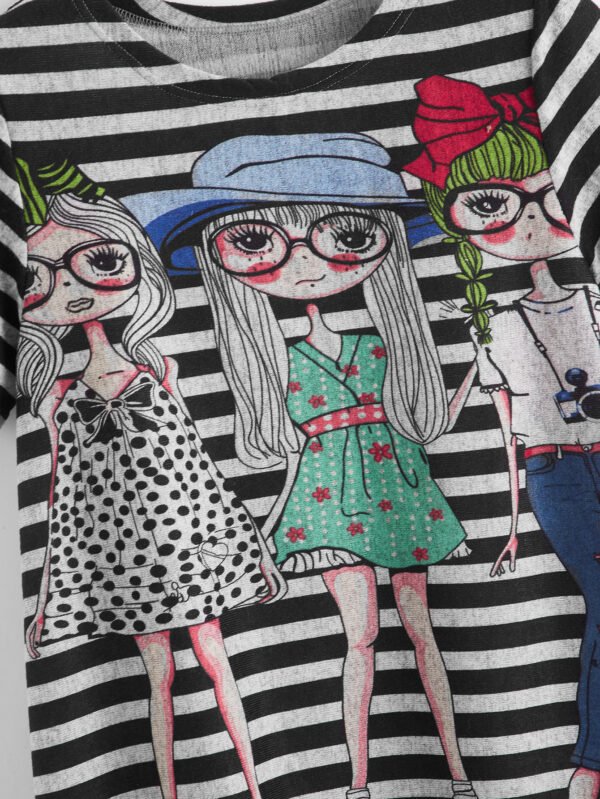 SHEIN Striped Cartoon Graphic Tee – Size M Women's Casual Printed T-Shirt