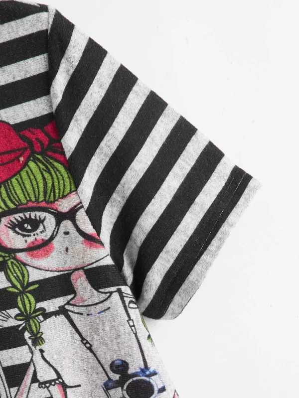 SHEIN Striped Cartoon Graphic Tee – Size M Women's Casual Printed T-Shirt