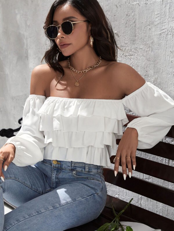 White Off‑Shoulder Ruffle Blouse – Shein Chic Crop Top | Size M