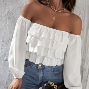White Off‑Shoulder Ruffle Blouse – Shein Chic Crop Top | Size M