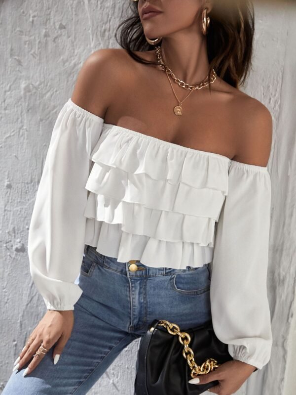 White Off‑Shoulder Ruffle Blouse – Shein Chic Crop Top | Size M