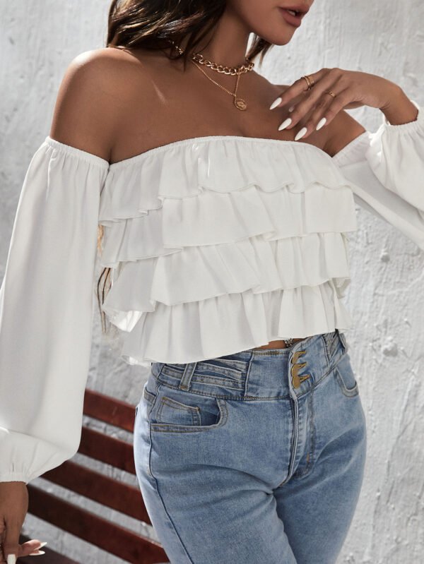 White Off‑Shoulder Ruffle Blouse – Shein Chic Crop Top | Size M