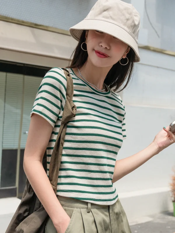 Dazy M Green & Cream Striped Ribbed Knit Tee – Casual Short-Sleeve Top