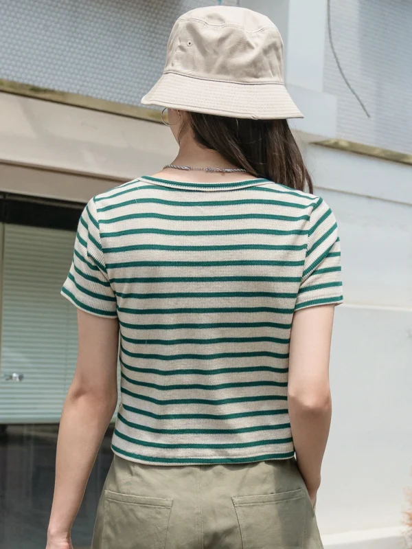 Dazy M Green & Cream Striped Ribbed Knit Tee – Casual Short-Sleeve Top