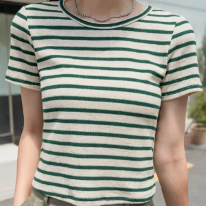 Dazy M Green & Cream Striped Ribbed Knit Tee – Casual Short-Sleeve Top