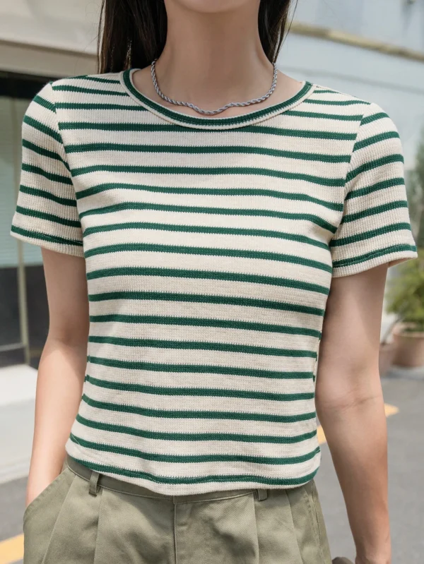 Dazy M Green & Cream Striped Ribbed Knit Tee – Casual Short-Sleeve Top