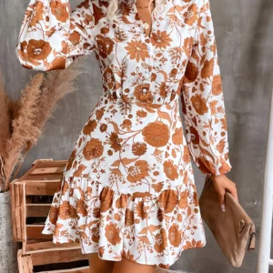 Shein Orange & White Floral Ruffle-Hem Mini Dress – Size L | Long-Sleeve Summer Staple