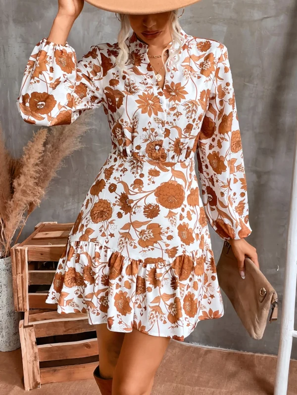 Shein Orange & White Floral Ruffle-Hem Mini Dress – Size L | Long-Sleeve Summer Staple