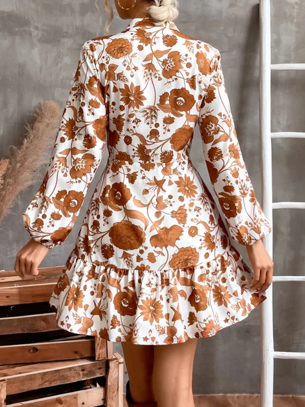 Shein Orange & White Floral Ruffle-Hem Mini Dress – Size L | Long-Sleeve Summer Staple