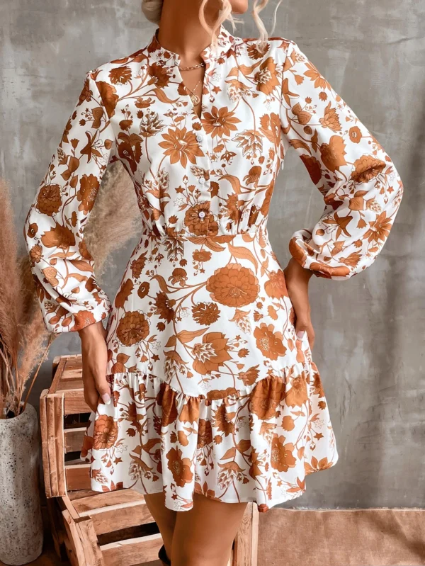Shein Orange & White Floral Ruffle-Hem Mini Dress – Size L | Long-Sleeve Summer Staple
