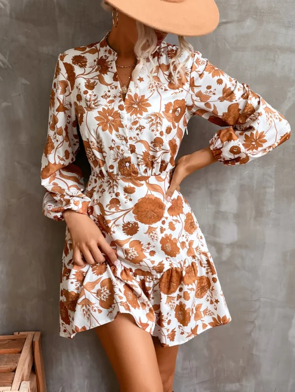 Shein Orange & White Floral Ruffle-Hem Mini Dress – Size L | Long-Sleeve Summer Staple